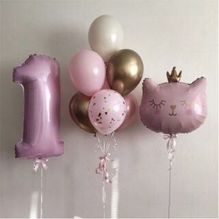Фонтан шаров с цифрой 1 розовый с котиком