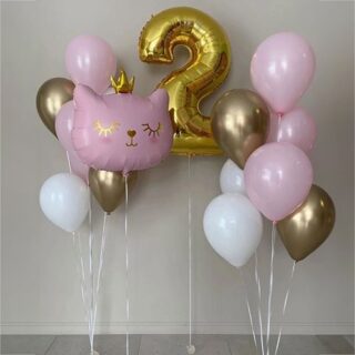 Фонтан шаров с цифрой 2 розовый с котиком