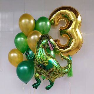 Композиция шаров с цифрой 3 и зеленым динозавром