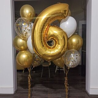 Композиция шаров с цифрой 6 бело-золотая с конфетти