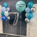 Композиция шаров с цифрой 7 и баблс в бирюзово-синей гамме