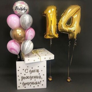 Коробка-сюрприз с цифрами 14 в розово-золотой гамме