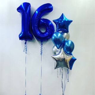 Композиция шаров с цифрами 16 и звездами в синей гамме