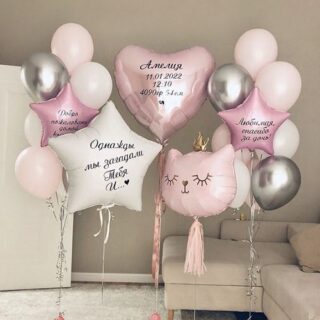 Большая композиция шаров с котиком и сердцем с надписью