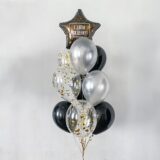 Композиция шаров со звездой и конфетти в черно-бело-золотой гамме