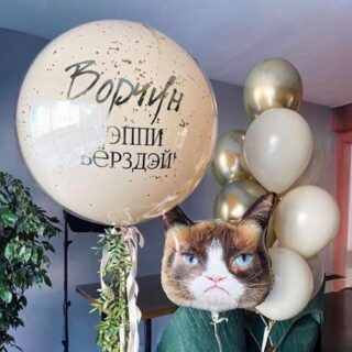 Композиция шаров с баблс и котиком в кремово-золотой гамме