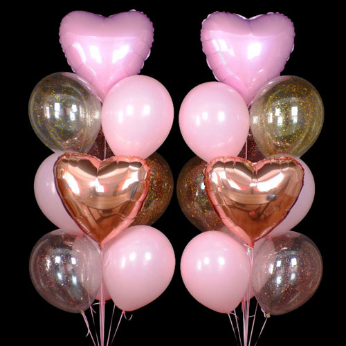 композиция шаров с сердцами розовый и розовое золото