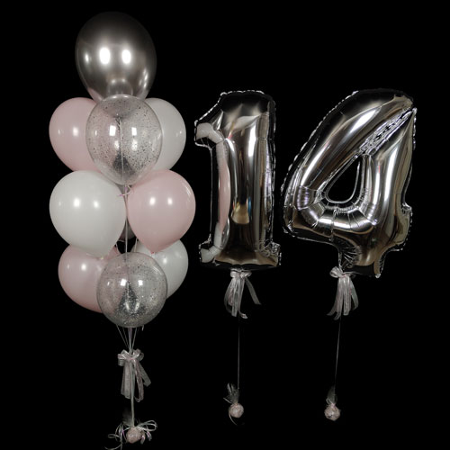композиция шаров с цифрами 14 серебряно розовая