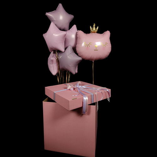 коробка с шарами и котиком розовая