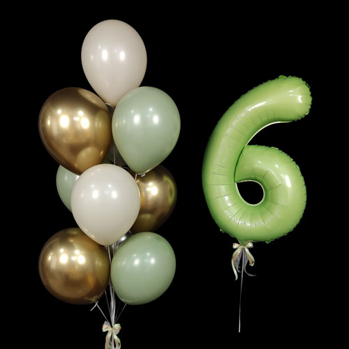 композиция шаров с цифрой 6 олива эвкалипт золото