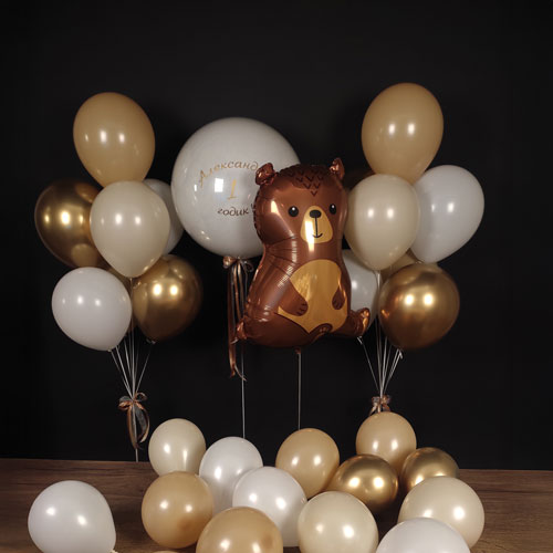 композиция шаров баблс с мишкой бело бежевая