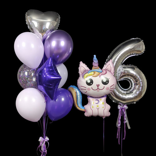 композиция шаров с цифрой 6 и котиком единорогом