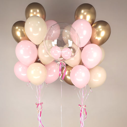 композиция шаров баблс с мини шариками розовый золото
