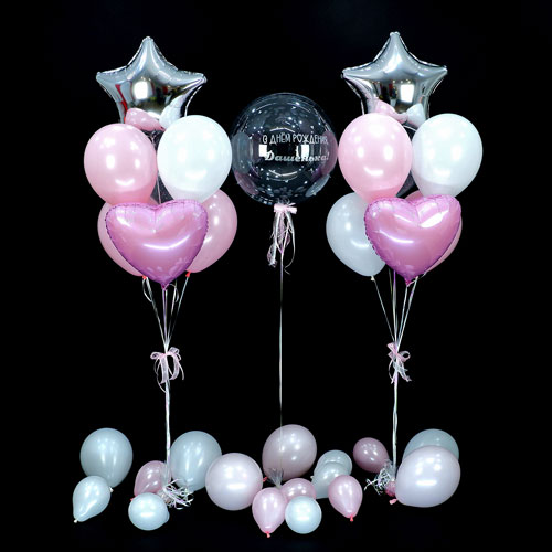 композиция шаров с баблс сердцами и звездами