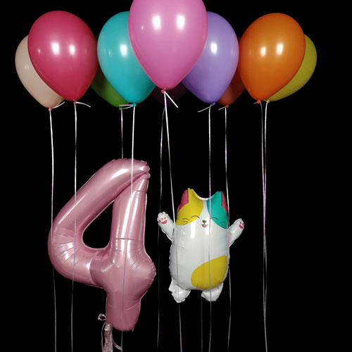 композиция шаров с цифрой 4 и радужным котиком