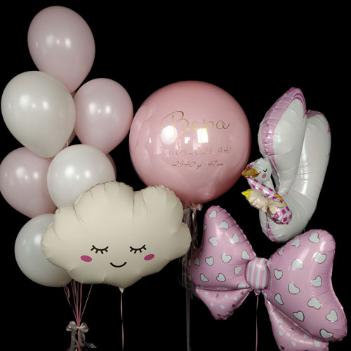 композиция шаров баблс с облаком бантом и аистом