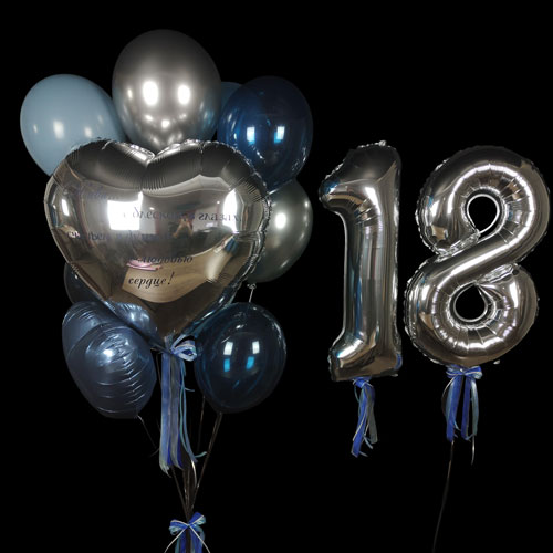 композиция шаров с цифрами 18 в сине серебряной гамме