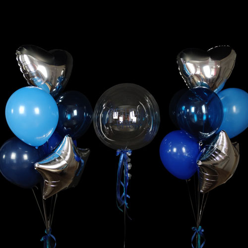 композиция шаров с баблс сердцами и звездами сине серебряная