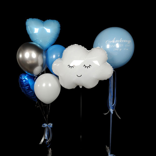 композиция шаров баблс с облаком и сердцами голубая