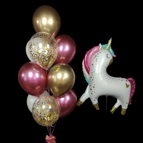 композиция шаров с единорожком розовый золото