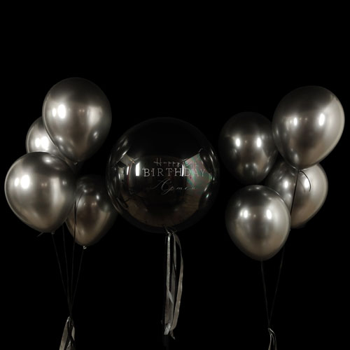 композиция шаров баблс с черным шаром и серебряным хромом