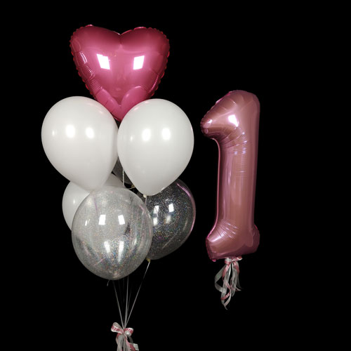 композиция шаров с цифрой 1 и розовым сердцем