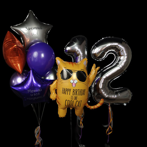 композиция шаров с цифрами 12 и крутым котом