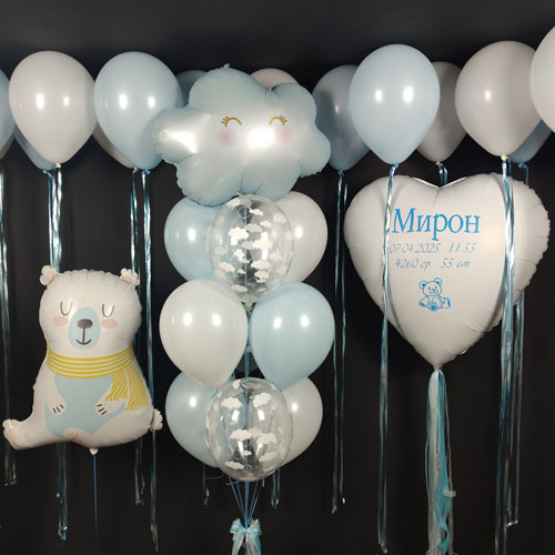 композиция шаров с мишкой облаком и сердцем голубая