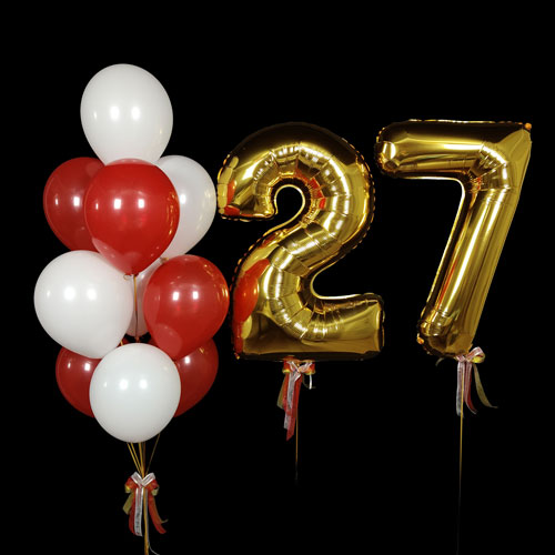 композиция шаров с цифрами 27 красно золотая