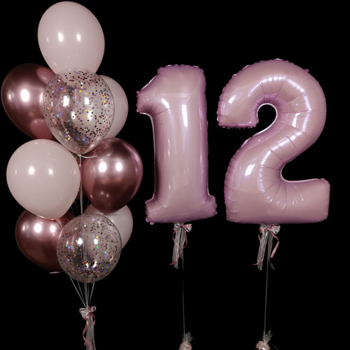 композиция шаров с цифрами 12 розовая с конфетти