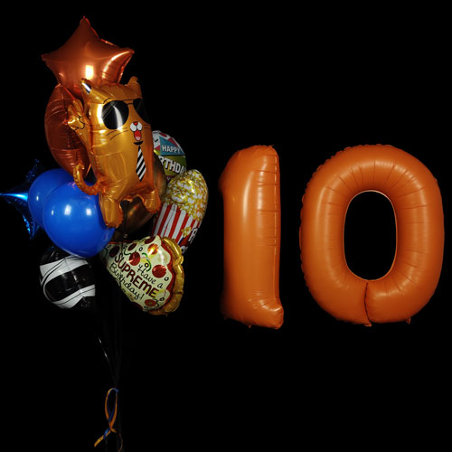 композиция шаров с цифрами 10 и крутым котом