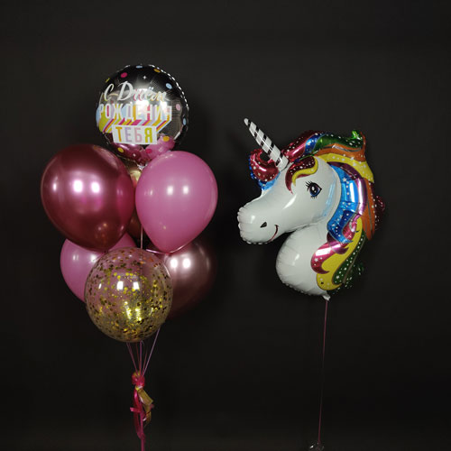 композиция шаров с единорогом и кругом с рисунком