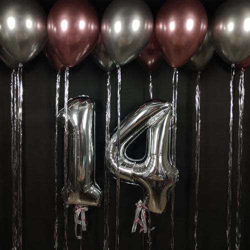 композиция шаров с цифрами 14 хром розовый и серебро