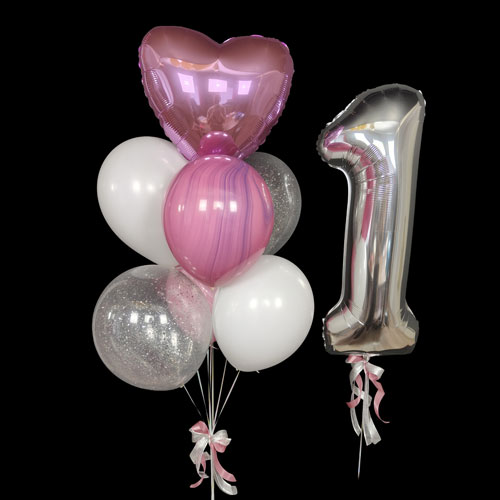 композиция шаров с цифрой 1 и розовым сердцем
