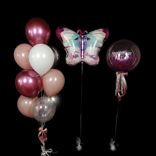 композиция шаров с бабочкой и шаром баблс