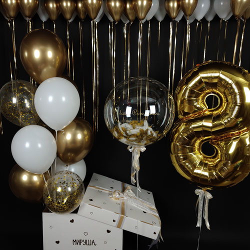 коробка сюрприз с шарами баблс и цифрой 8