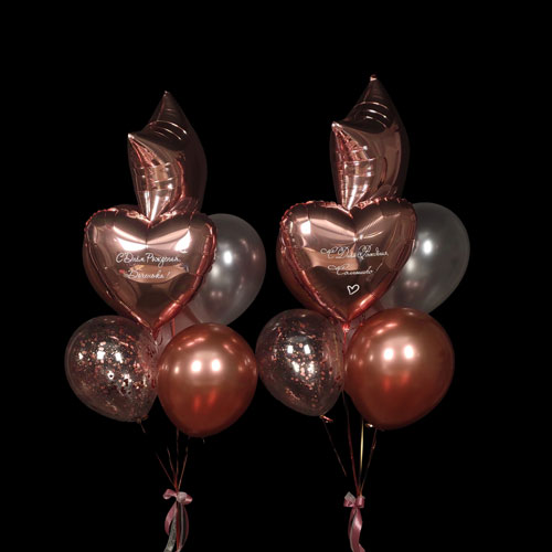 фонтаны шаров розовое золото с сердцами и звездами