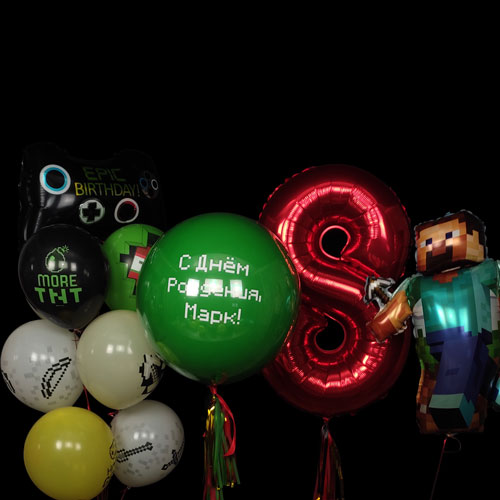 композиция шаров с цифрой 8 в пиксельном стиле