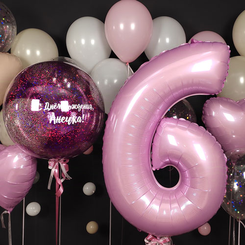 композиция шаров с цифрой 6 баблс и сердцами