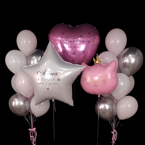 композиция шаров со звездой сердцем и котиком