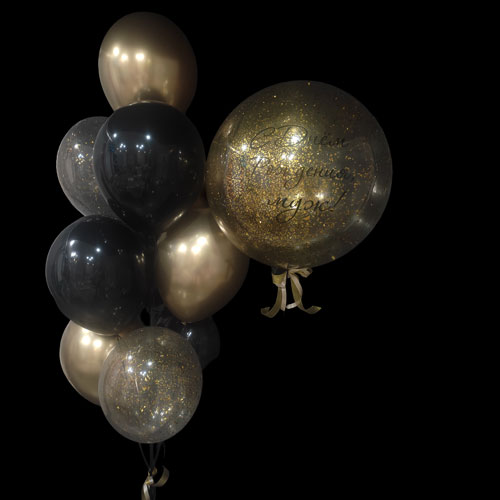 композиция шаров баблс с конфетти черный золото