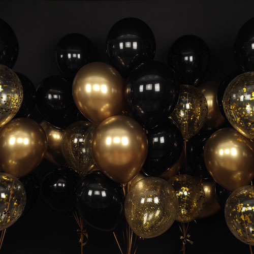 фонтаны шаров черный золото с конфетти