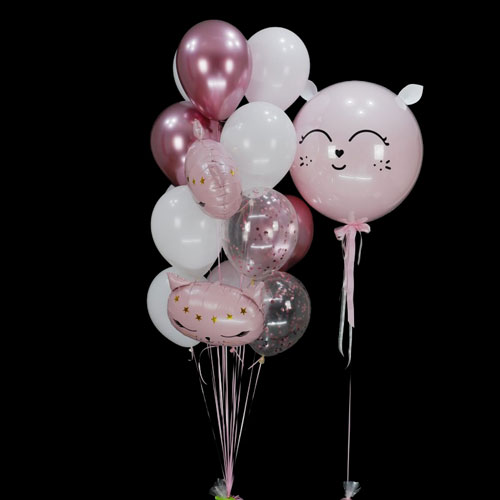 композиция шаров с котиками и розовым баблс